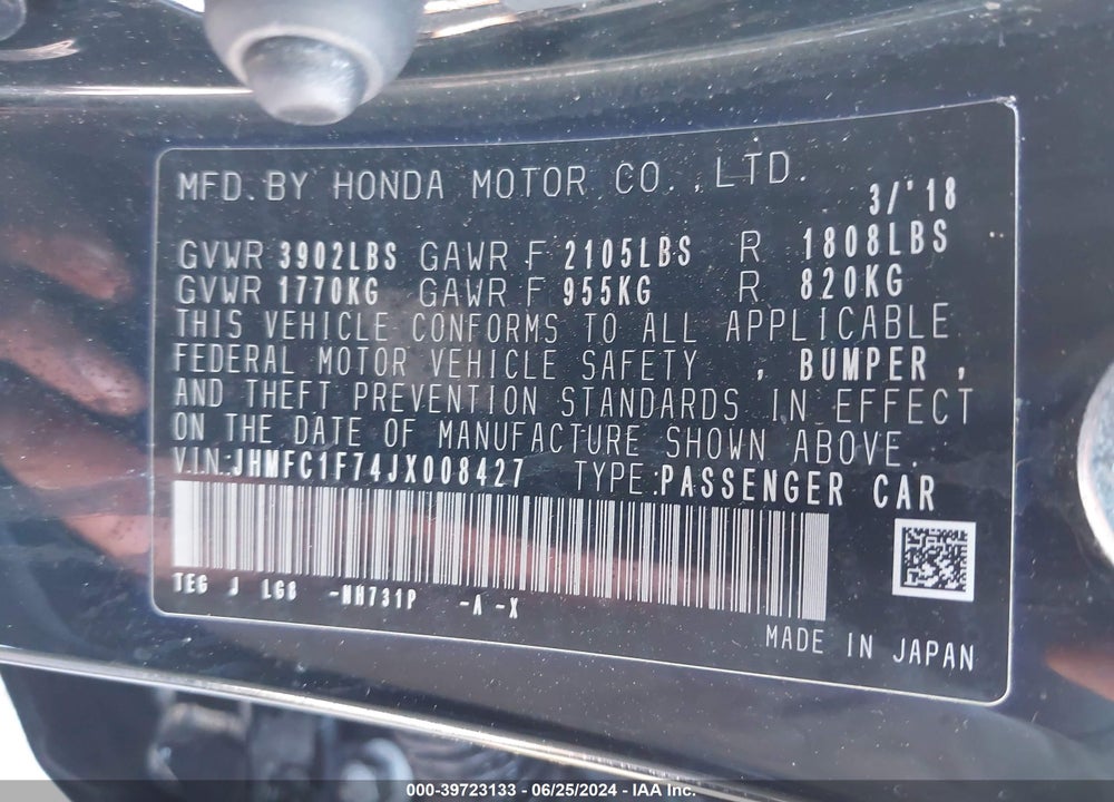 2018 HONDA CIVIC EX-L VIN: JHMFC1F74JX008427