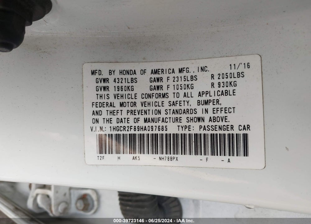 2017 HONDA ACCORD EX-L VIN: 1HGCR2F89HA097685