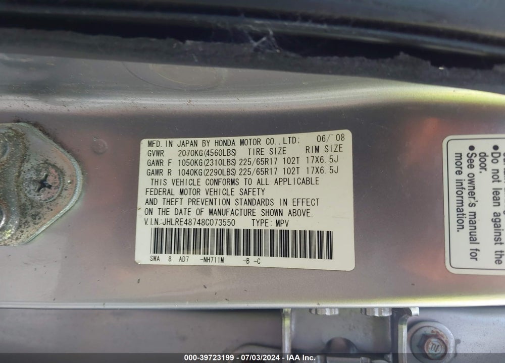 2008 HONDA CR-V EX-L VIN: JHLRE48748C073550