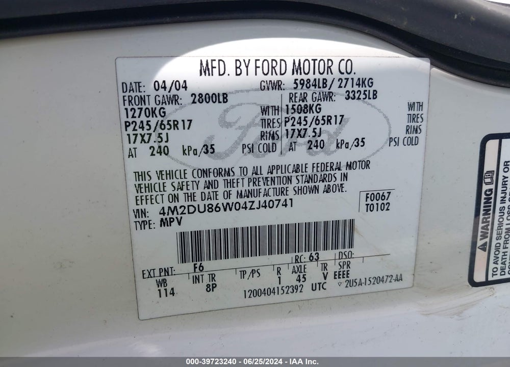 2004 MERCURY MOUNTAINEER VIN: 4M2DU86W04ZJ40741