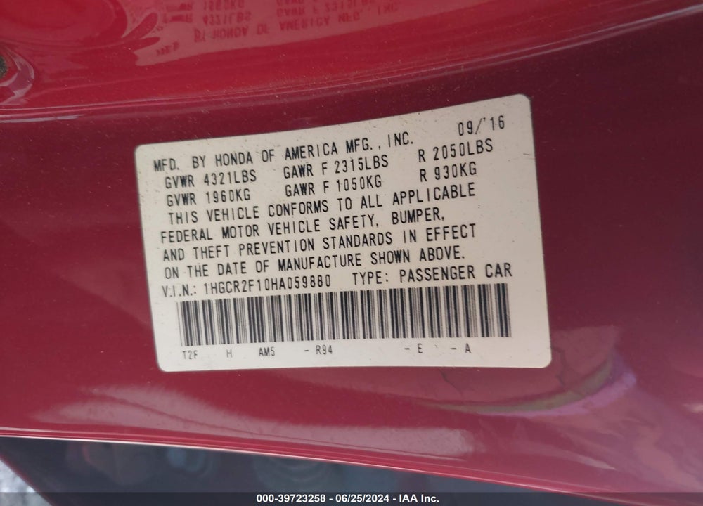 2017 HONDA ACCORD SPORT SE VIN: 1HGCR2F10HA059880