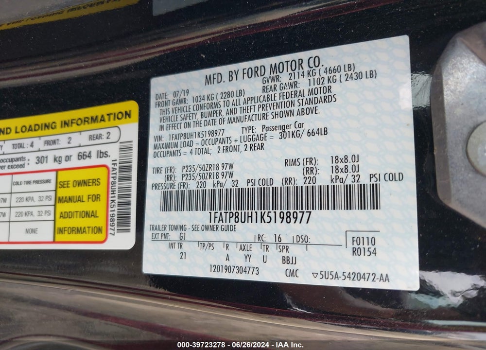 2019 FORD MUSTANG ECOBOOST VIN: 1FATP8UH1K5198977