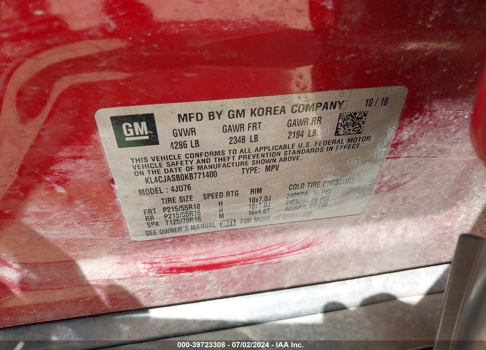 2019 BUICK ENCORE FWD PREFERRED VIN: KL4CJASB0KB771400