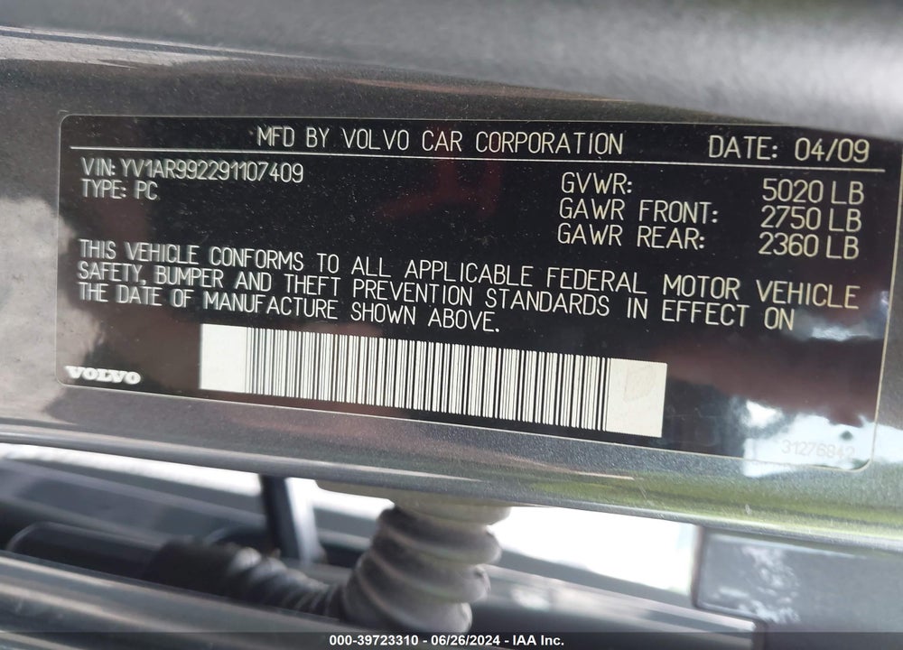2009 VOLVO S80 T6 VIN: YV1AR992291107409