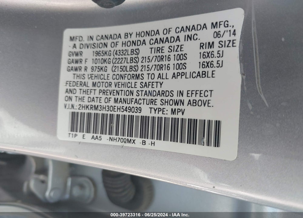 2014 HONDA CR-V LX VIN: 2HKRM3H30EH549039