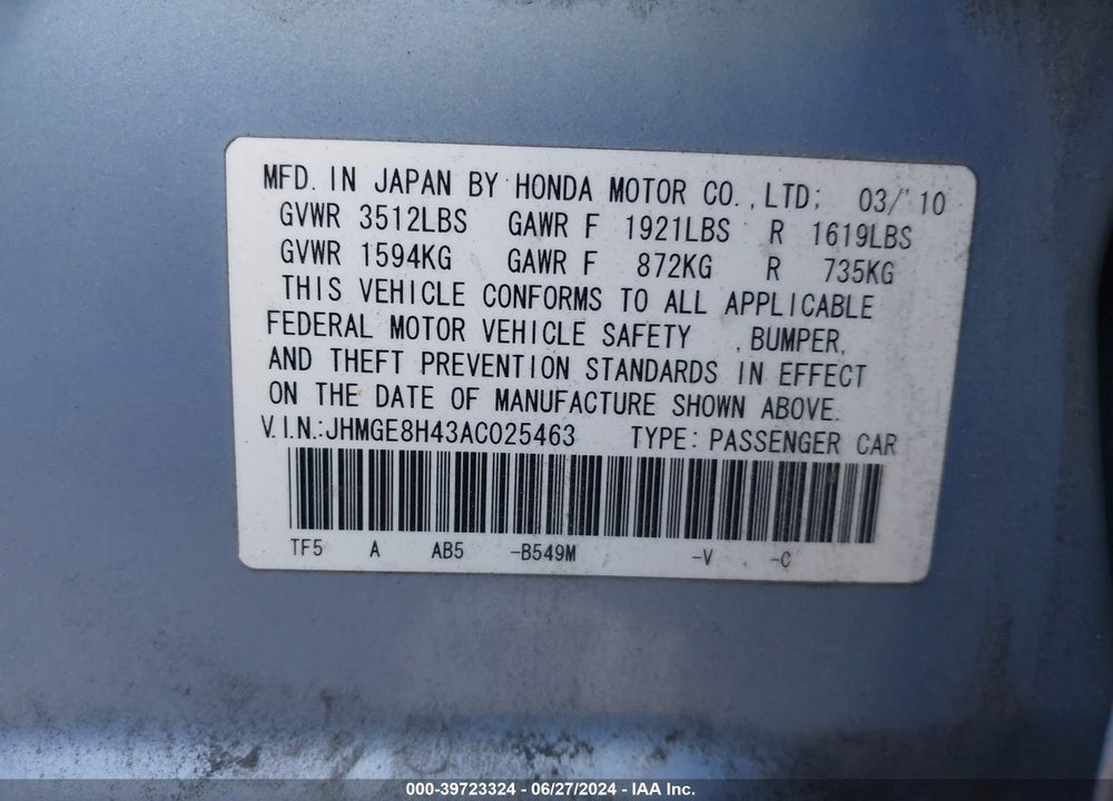 2010 HONDA FIT SPORT VIN: JHMGE8H43AC025463