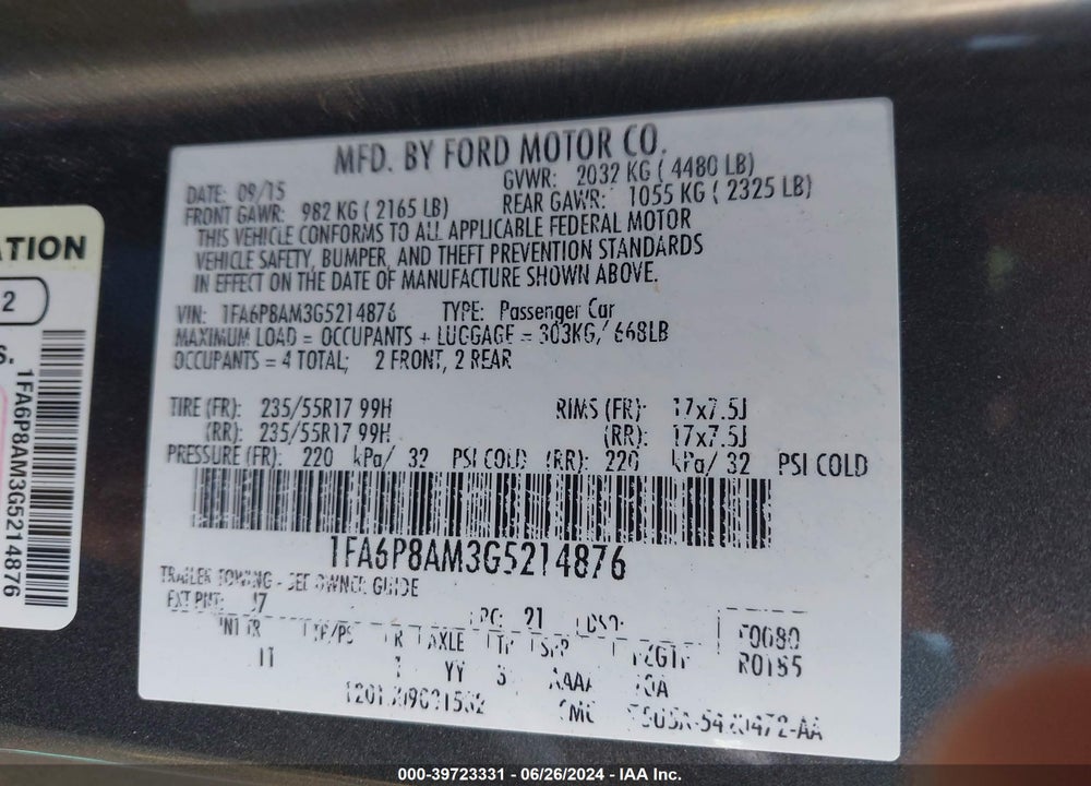 2016 FORD MUSTANG V6 VIN: 1FA6P8AM3G5214876