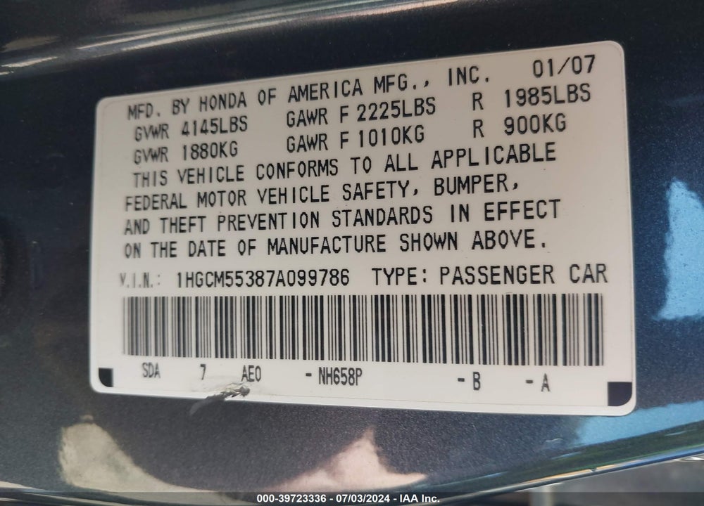 2007 HONDA ACCORD 2.4 SE VIN: 1HGCM55387A099786
