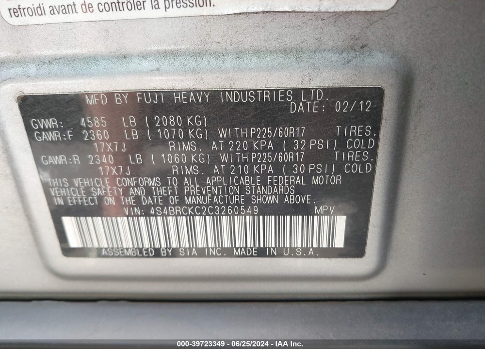 2012 SUBARU OUTBACK 2.5I LIMITED VIN: 4S4BRCKC2C3260549