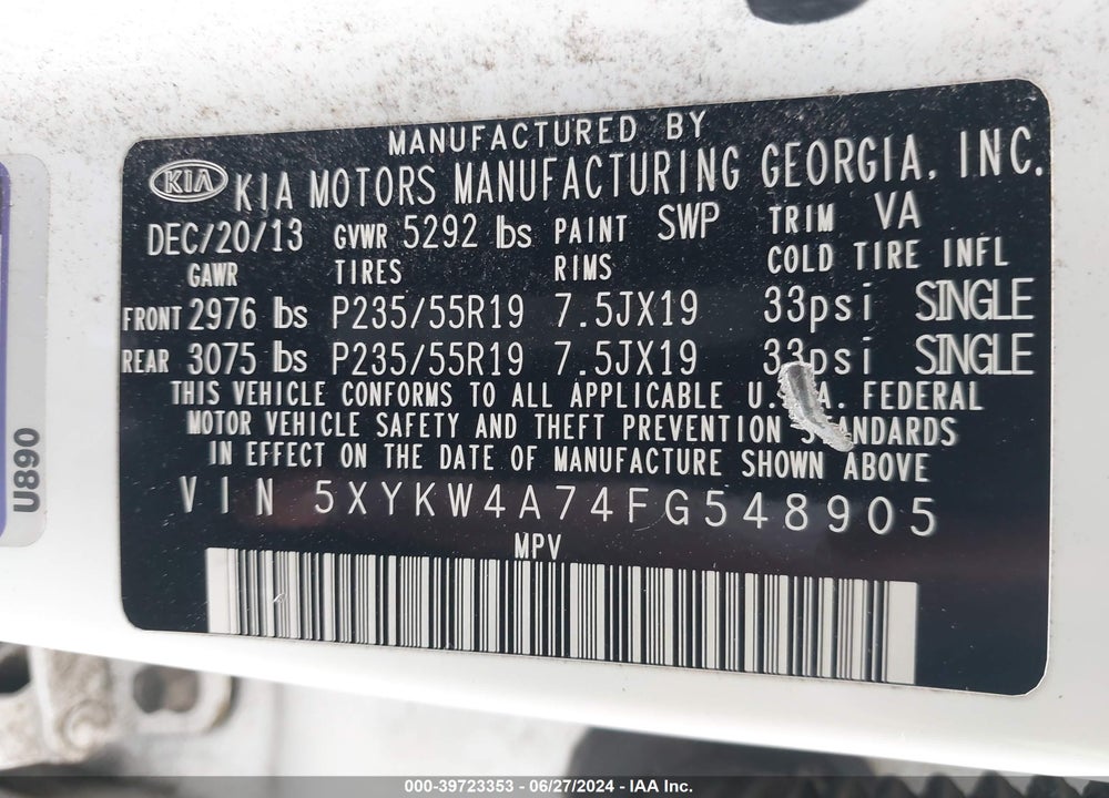 2015 KIA SORENTO VIN: 5XYKW4A74FG548905