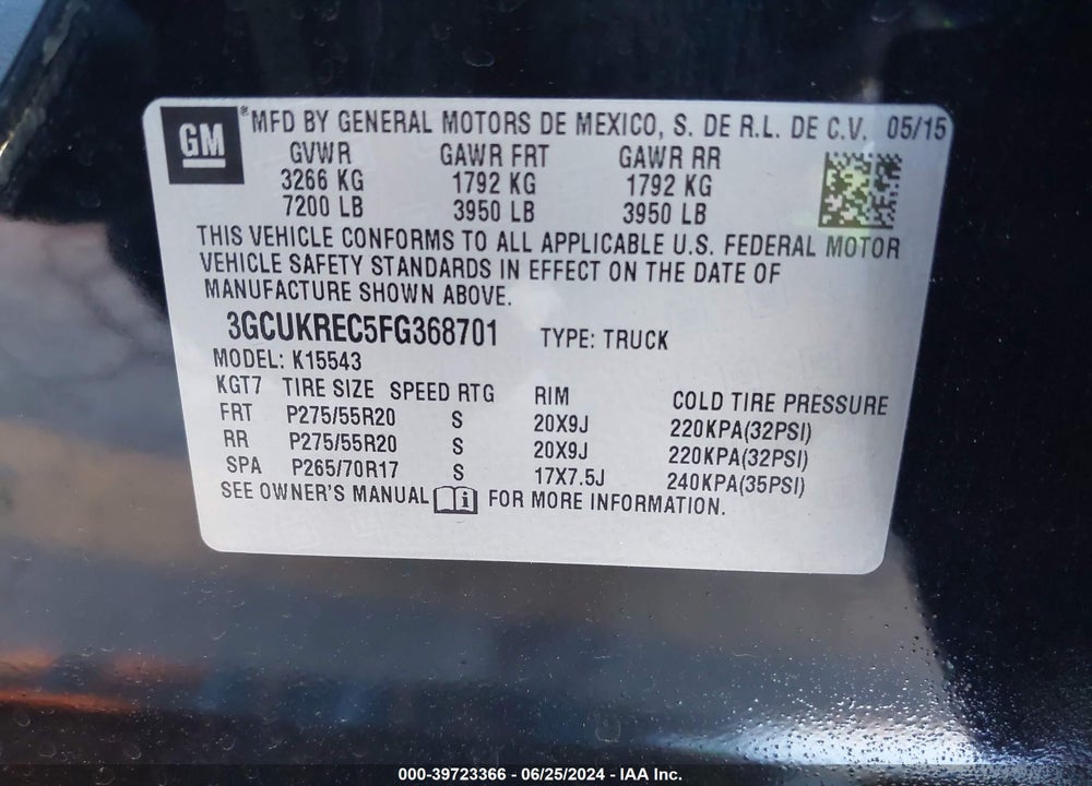 2015 CHEVROLET SILVERADO 1500 1LT VIN: 3GCUKREC5FG368701