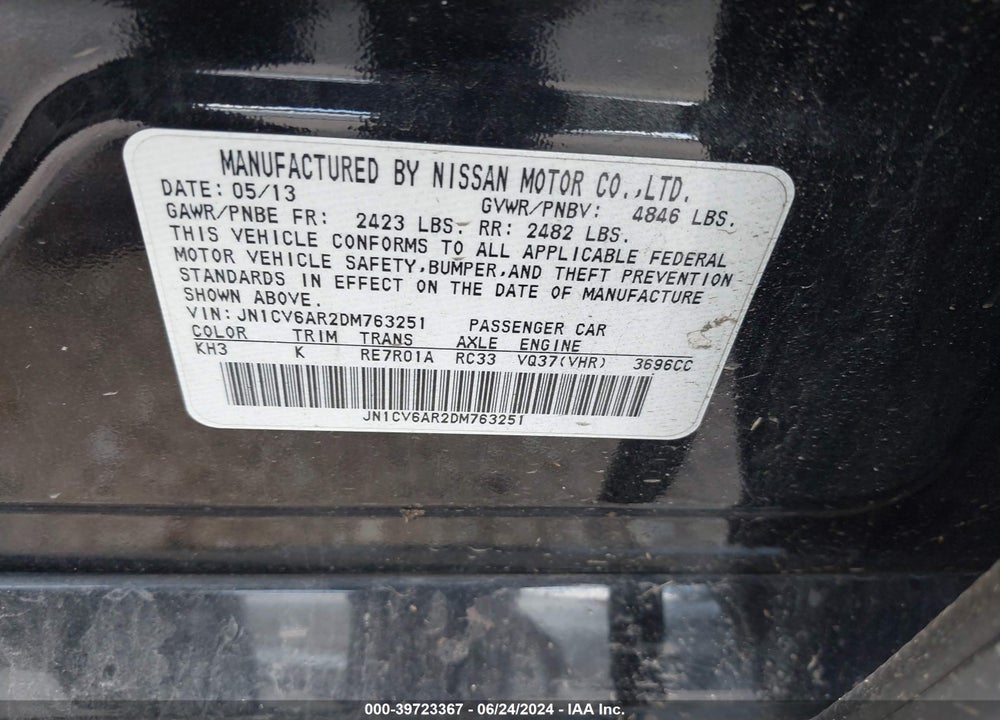 2013 INFINITI G37X VIN: JN1CV6AR2DM763251