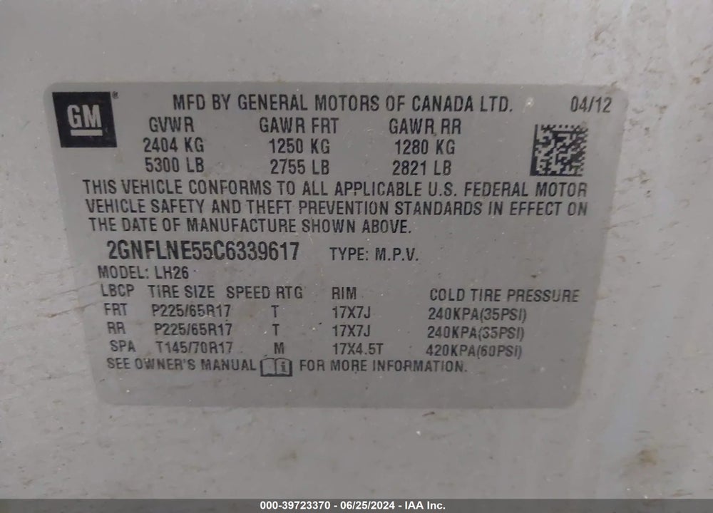 2012 CHEVROLET EQUINOX 2LT VIN: 2GNFLNE55C6339617