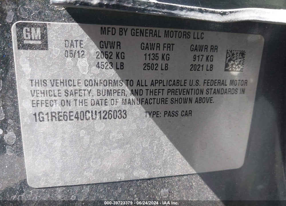 2012 CHEVROLET VOLT VIN: 1G1RE6E40CU126033