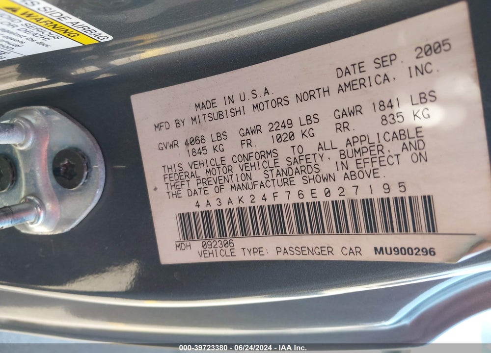 2006 MITSUBISHI ECLIPSE GS VIN: 4A3AK24F76E027195