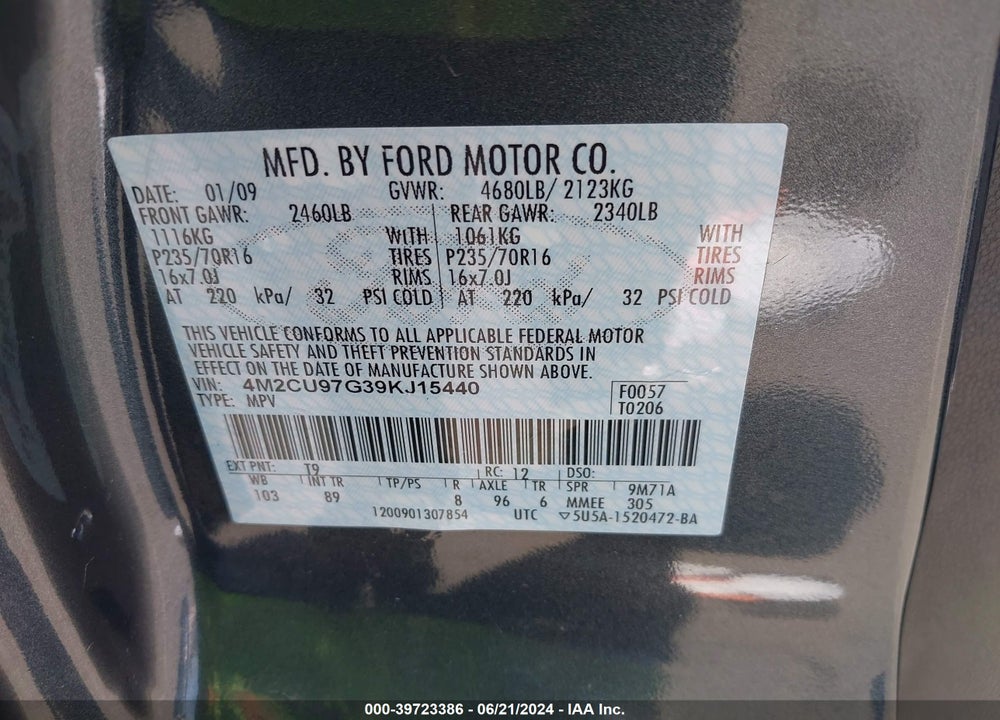 2009 MERCURY MARINER PREMIER V6 VIN: 4M2CU97G39KJ15440