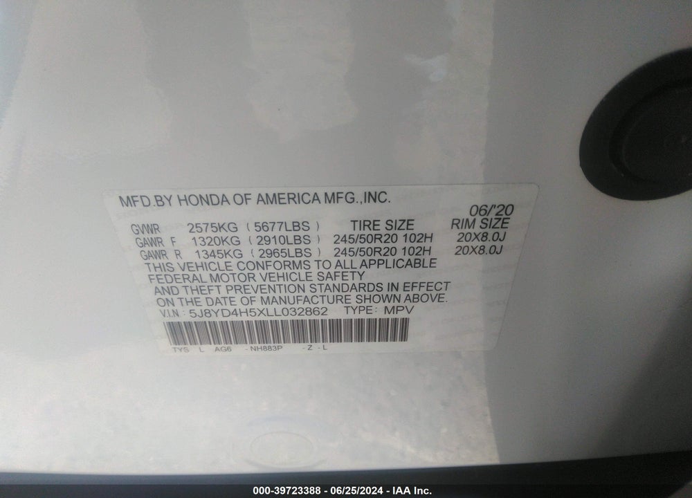 2020 ACURA MDX TECHNOLOGY PACKAGE VIN: 5J8YD4H5XLL032862