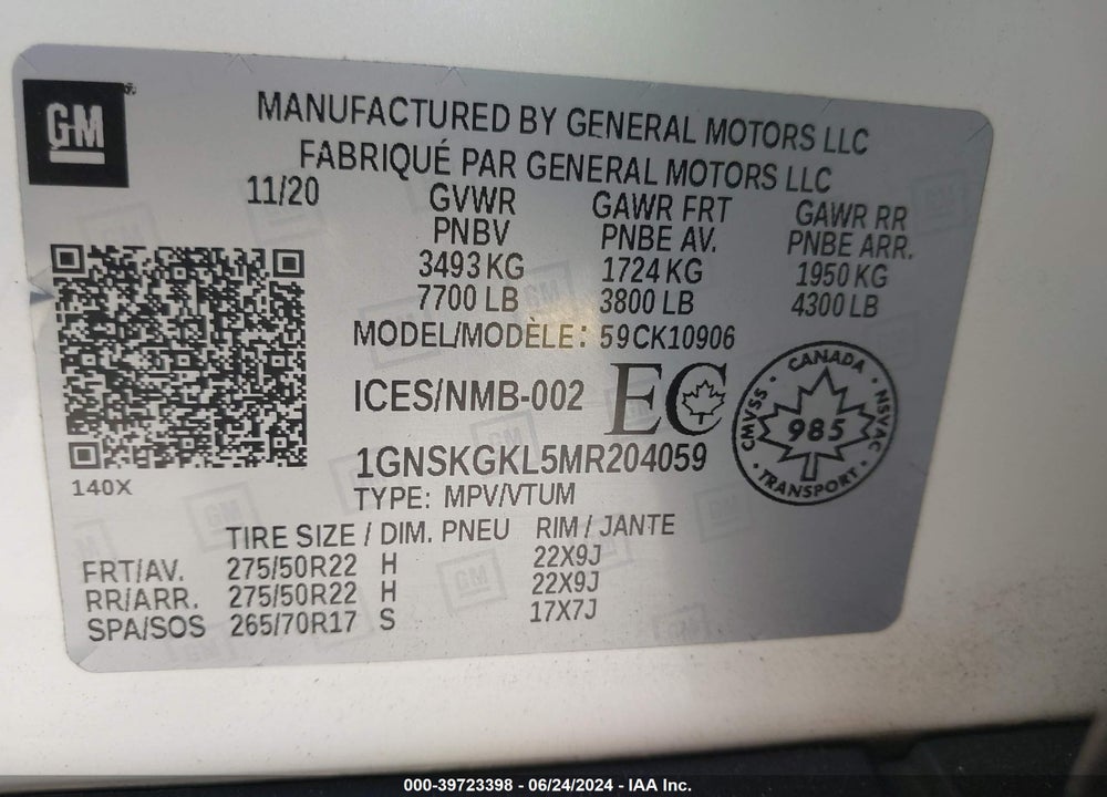 2021 CHEVROLET SUBURBAN 4WD HIGH COUNTRY VIN: 1GNSKGKL5MR204059