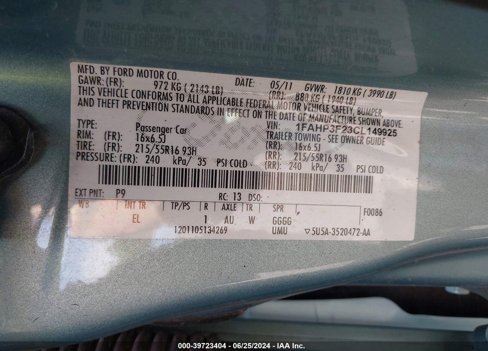 2012 FORD FOCUS SE VIN: 1FAHP3F23CL149925
