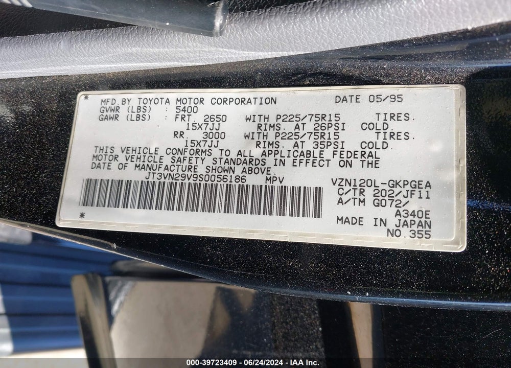 1995 TOYOTA 4RUNNER VN29 SR5 VIN: JT3VN29V9S0056186