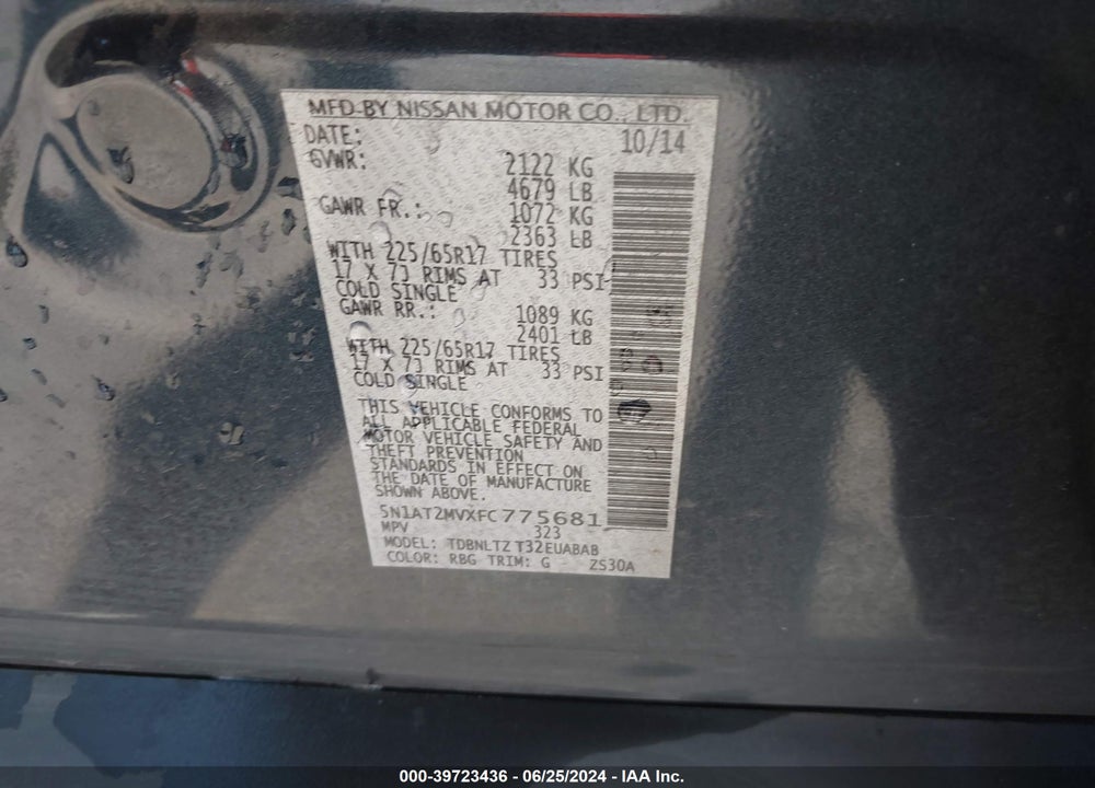 2015 NISSAN ROGUE SV VIN: 5N1AT2MVXFC775681