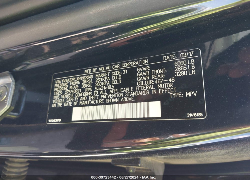 2017 VOLVO XC90 T6 INSCRIPTION VIN: YV4A22PLXH1182240