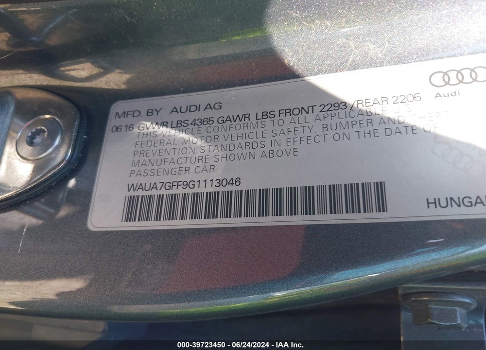 2016 AUDI A3 1.8T PREMIUM VIN: WAUA7GFF9G1113046