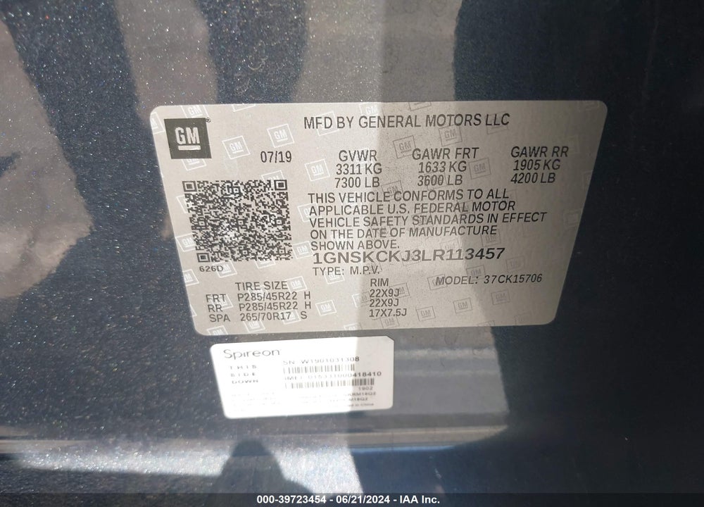 2020 CHEVROLET TAHOE 4WD PREMIER VIN: 1GNSKCKJ3LR113457