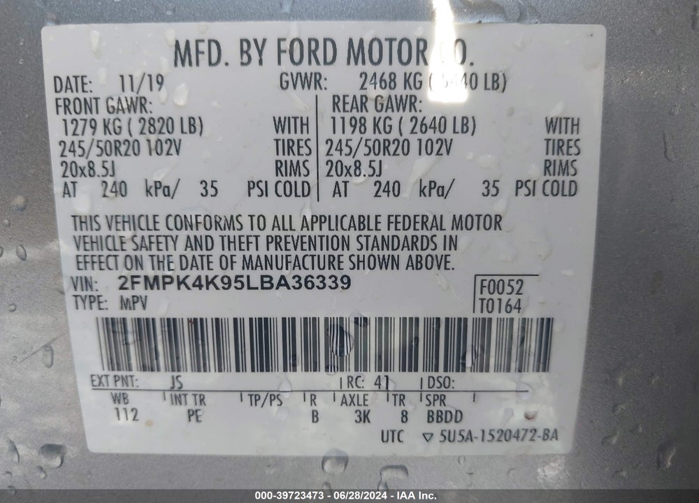 2020 FORD EDGE TITANIUM VIN: 2FMPK4K95LBA36339
