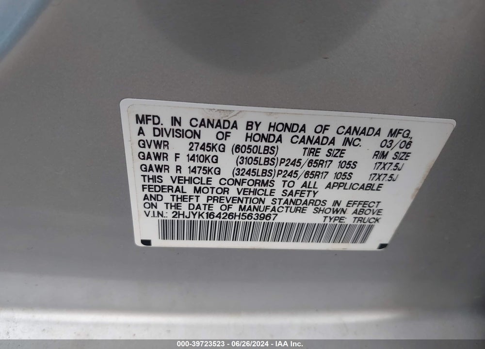 2006 HONDA RIDGELINE RTS VIN: 2HJYK16426H563967