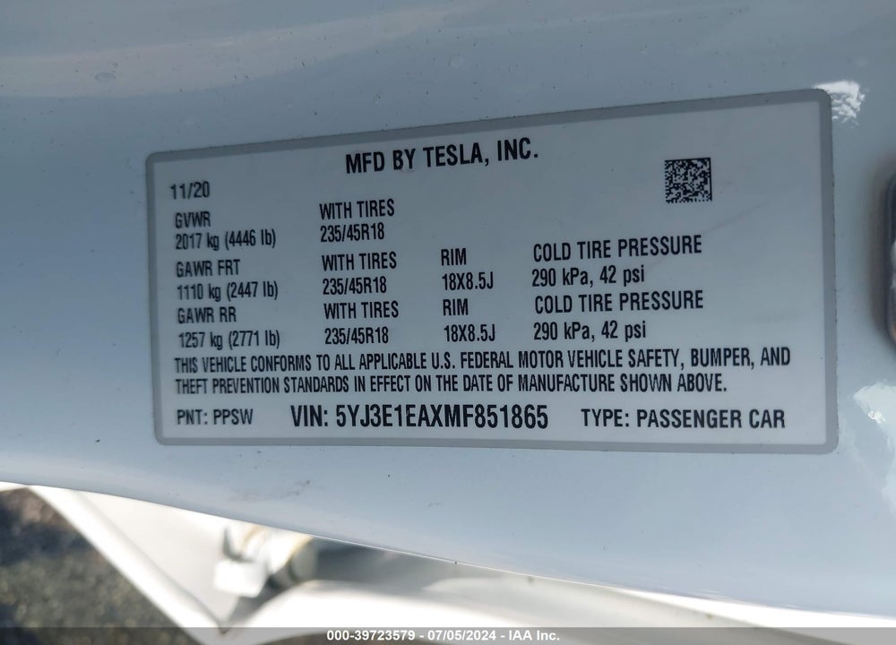 2021 TESLA MODEL 3 STANDARD RANGE PLUS REAR-WHEEL DRIVE VIN: 5YJ3E1EAXMF851865