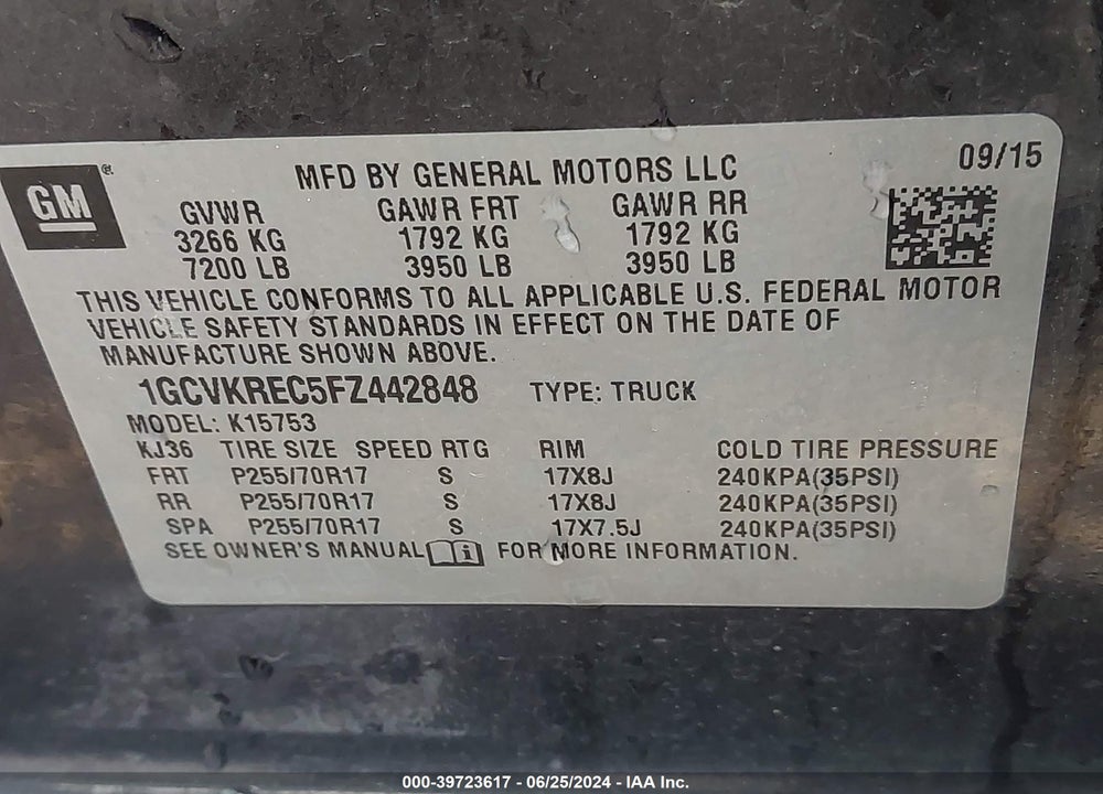 2015 CHEVROLET SILVERADO 1500 1LT VIN: 1GCVKREC5FZ442848