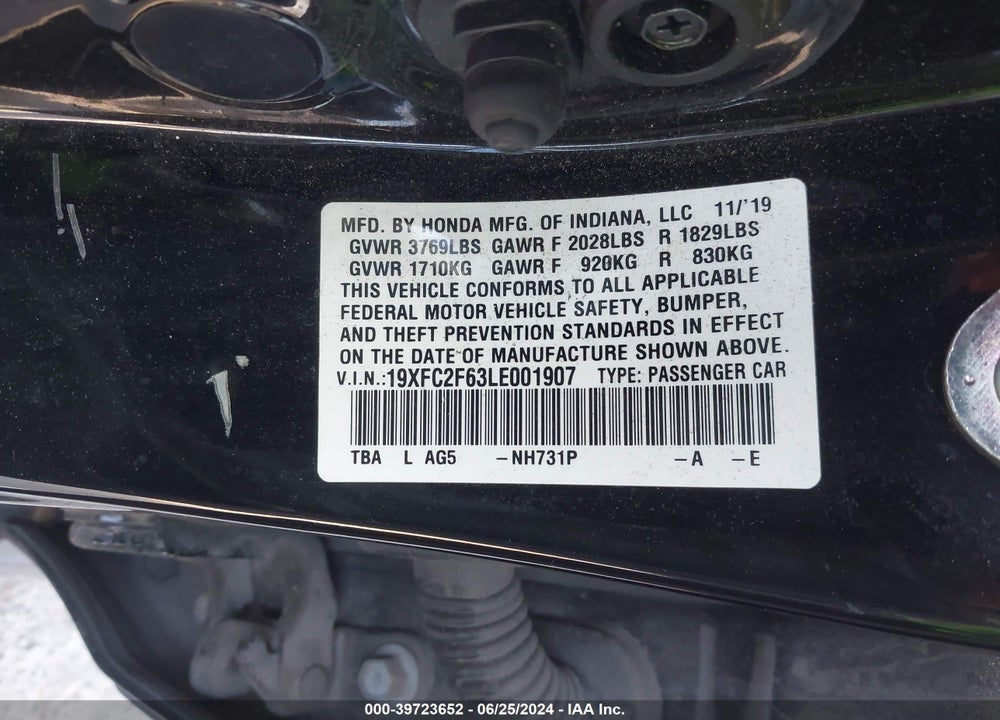 2020 HONDA CIVIC LX VIN: 19XFC2F63LE001907