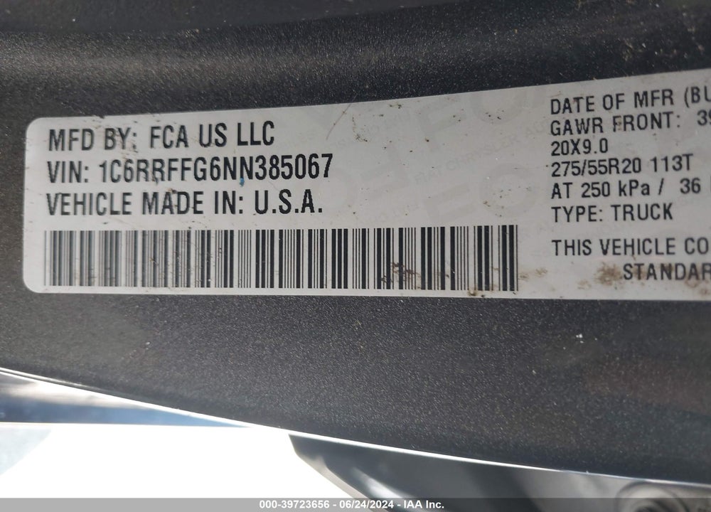 2022 RAM 1500 BIG HORN 4X4 5'7 BOX VIN: 1C6RRFFG6NN385067