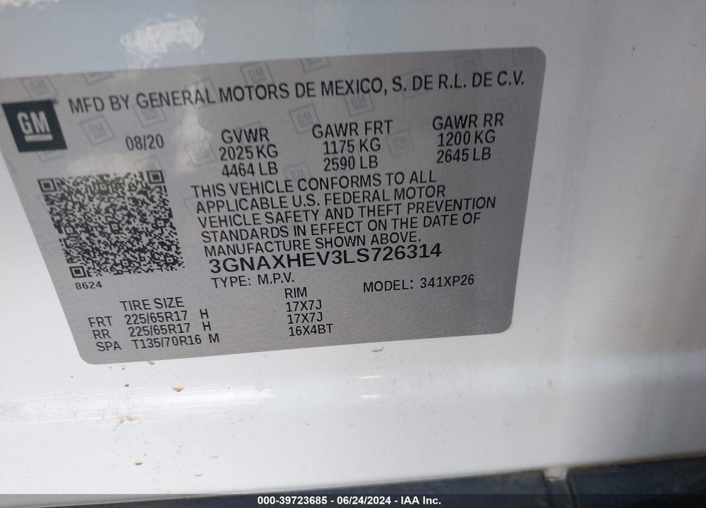 2020 CHEVROLET EQUINOX FWD LS VIN: 3GNAXHEV3LS726314