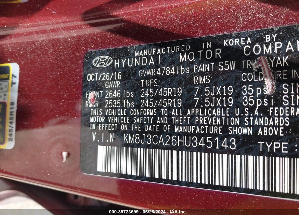 2017 HYUNDAI TUCSON LIMITED VIN: KM8J3CA26HU345143