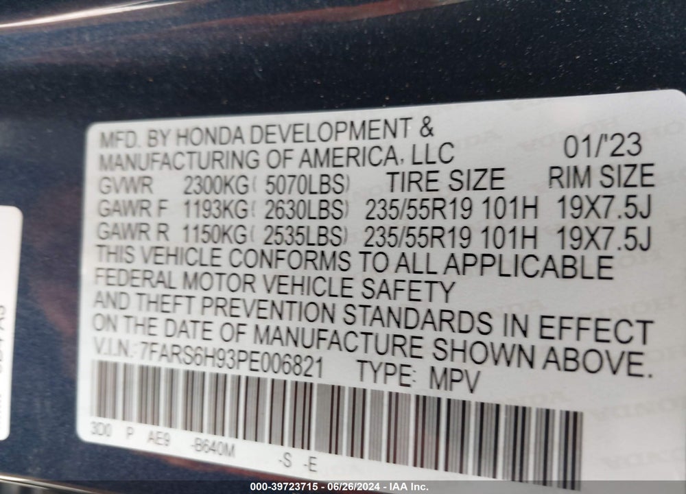 2023 HONDA CR-V HYBRID SPORT TOURING VIN: 7FARS6H93PE006821
