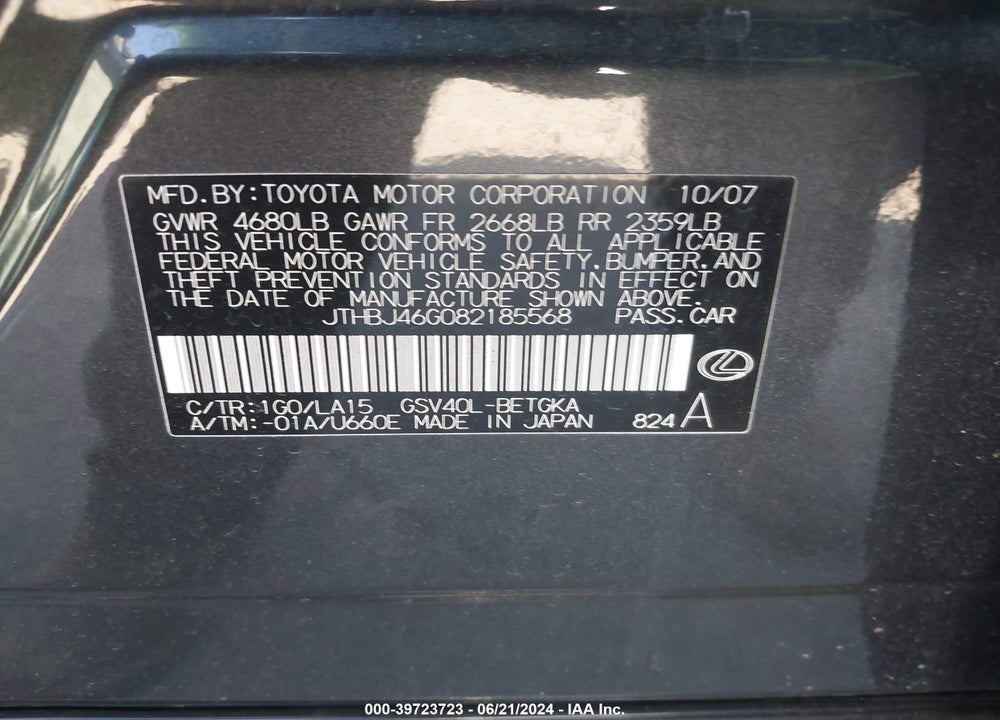 2008 LEXUS ES 350 VIN: JTHBJ46G082185568