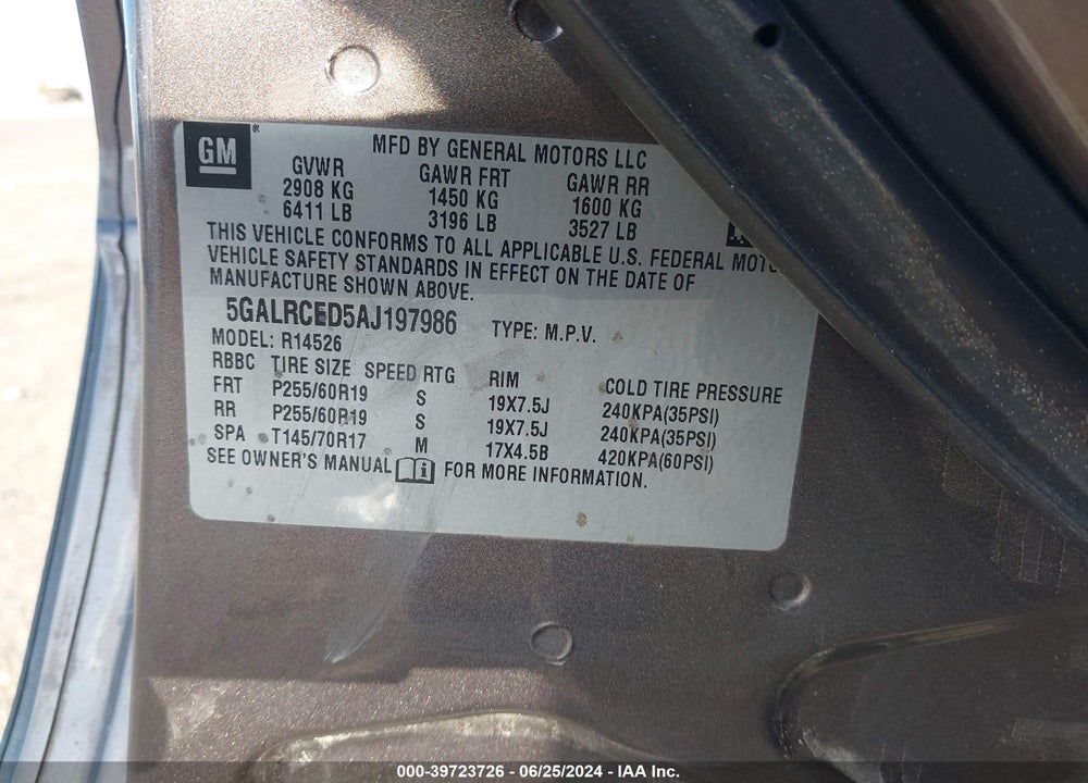 2010 BUICK ENCLAVE 2XL VIN: 5GALRCED5AJ197986