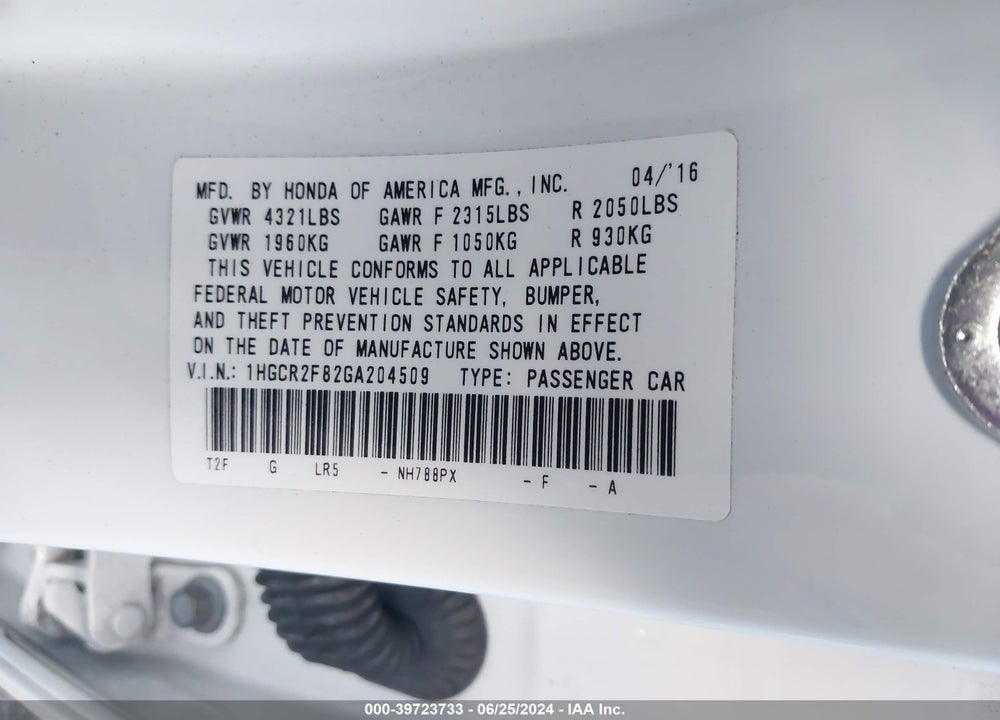 2016 HONDA ACCORD EX-L VIN: 1HGCR2F82GA204509