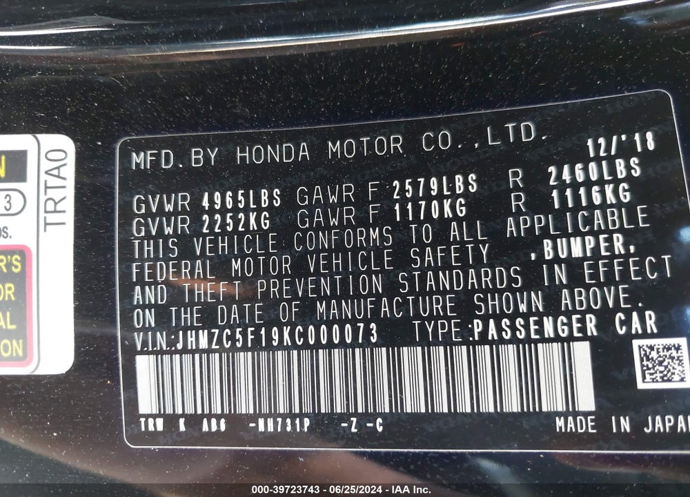 2019 HONDA CLARITY PLUG-IN HYBRID VIN: JHMZC5F19KC000073