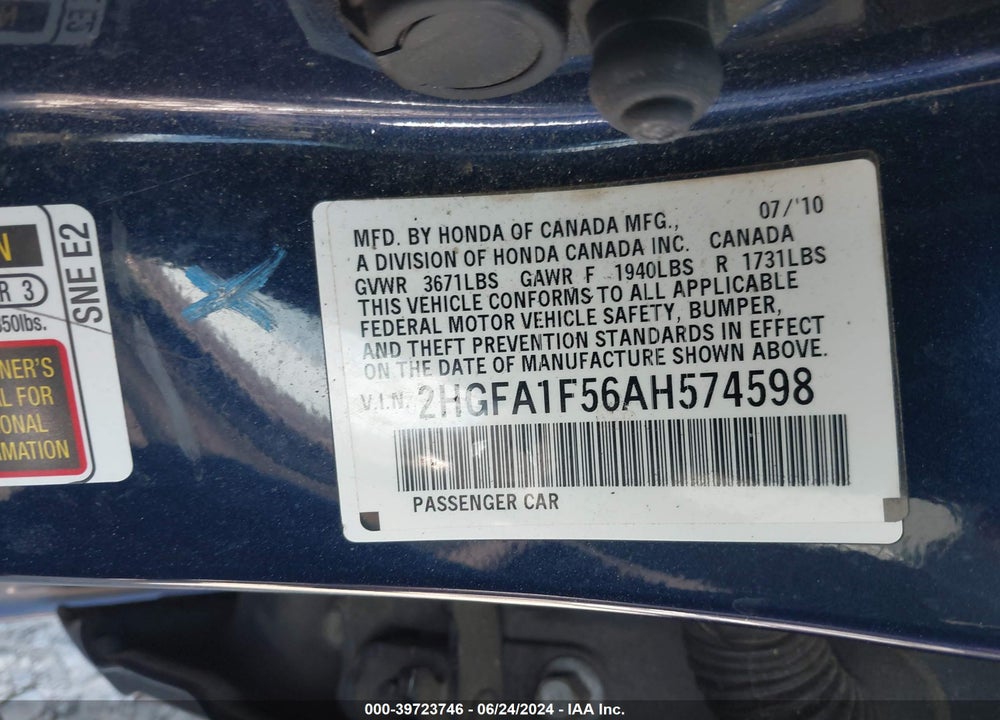2010 HONDA CIVIC LX VIN: 2HGFA1F56AH574598