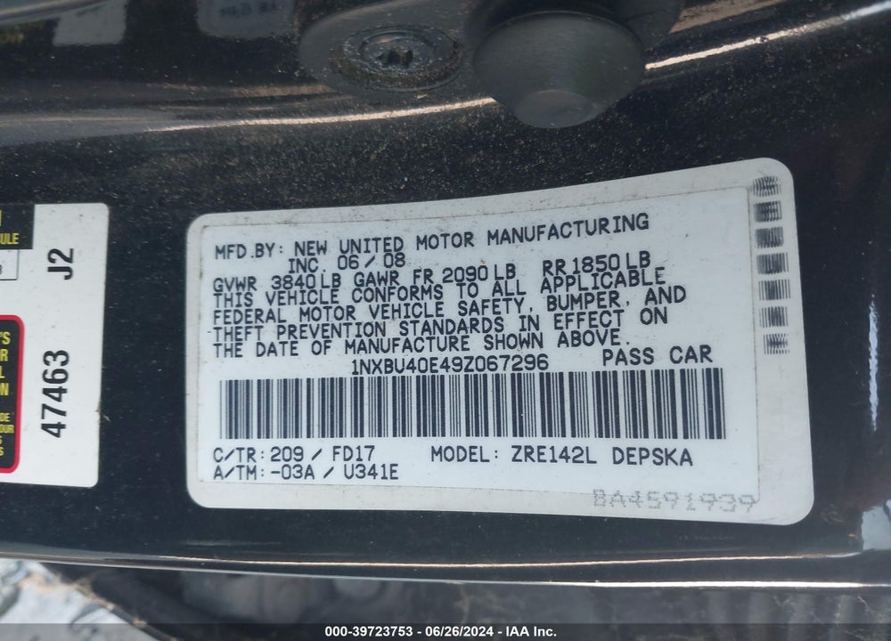 2009 TOYOTA COROLLA VIN: 1NXBU40E49Z067296