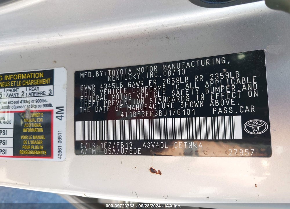2011 TOYOTA CAMRY LE VIN: 4T1BF3EK3BU176101