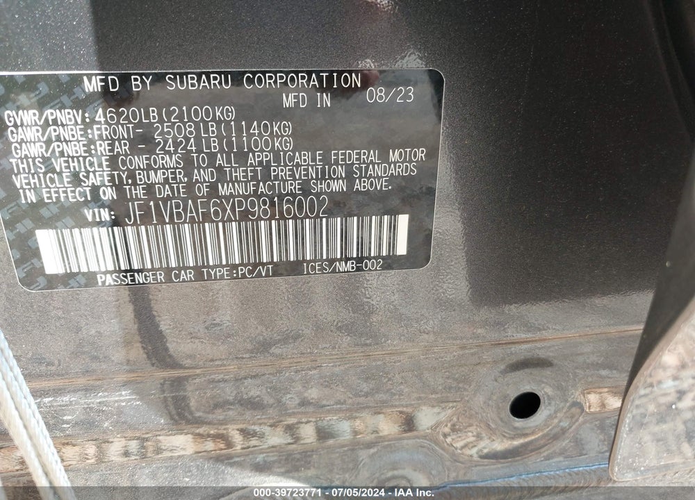 2023 SUBARU WRX PREMIUM VIN: JF1VBAF6XP9816002