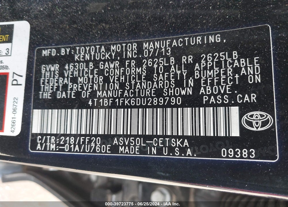 2013 TOYOTA CAMRY SE VIN: 4T1BF1FK6DU289790