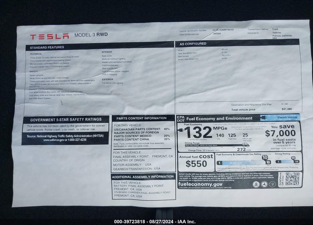 2024 TESLA MODEL 3 REAR-WHEEL DRIVE VIN: 5YJ3E1EA0RF755153