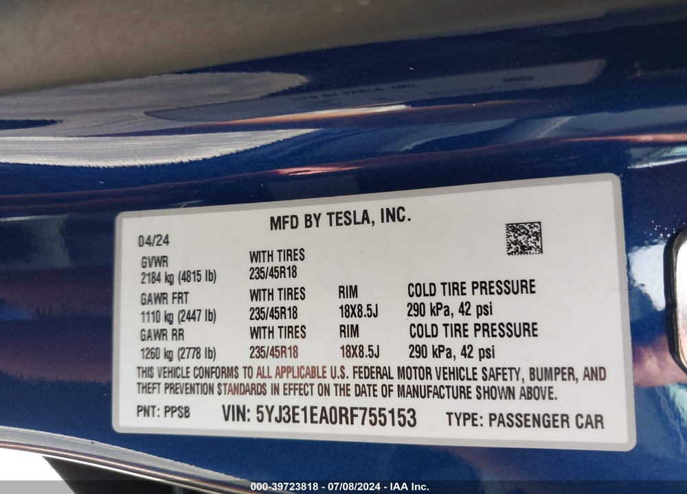 2024 TESLA MODEL 3 REAR-WHEEL DRIVE VIN: 5YJ3E1EA0RF755153