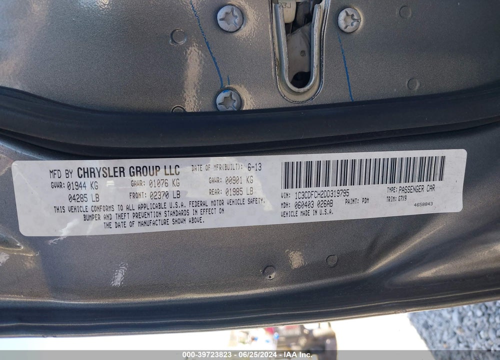 2013 DODGE DART LIMITED VIN: 1C3CDFCH2DD319795
