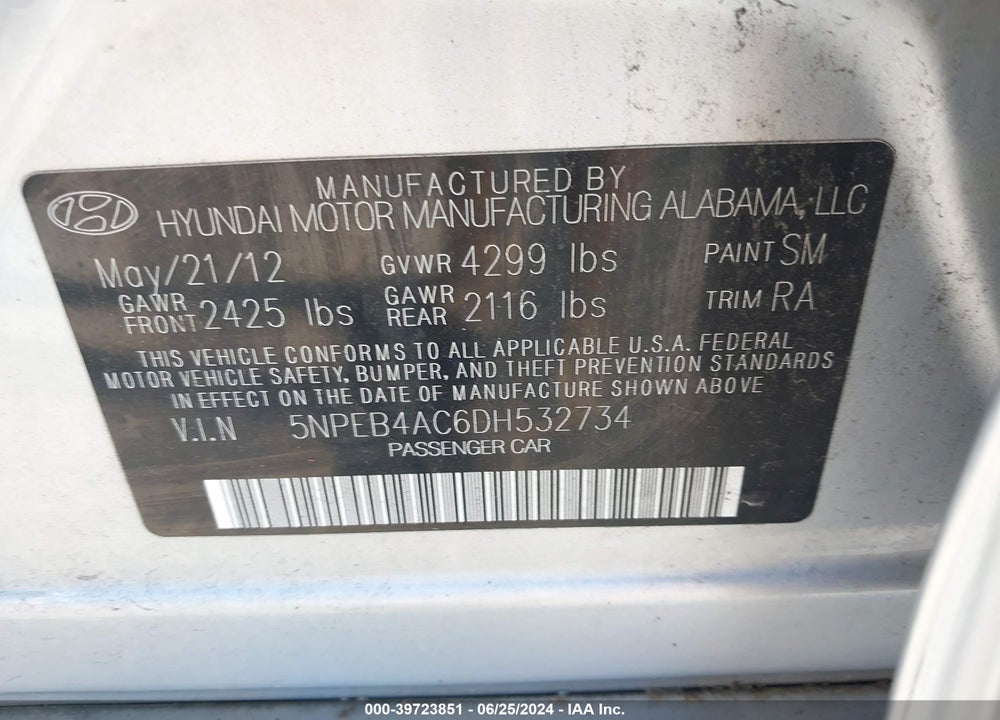 2013 HYUNDAI SONATA GLS VIN: 5NPEB4AC6DH532734